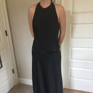 Black Satin Sequin Calvin Klein Halter Evening Gown Prom Dress